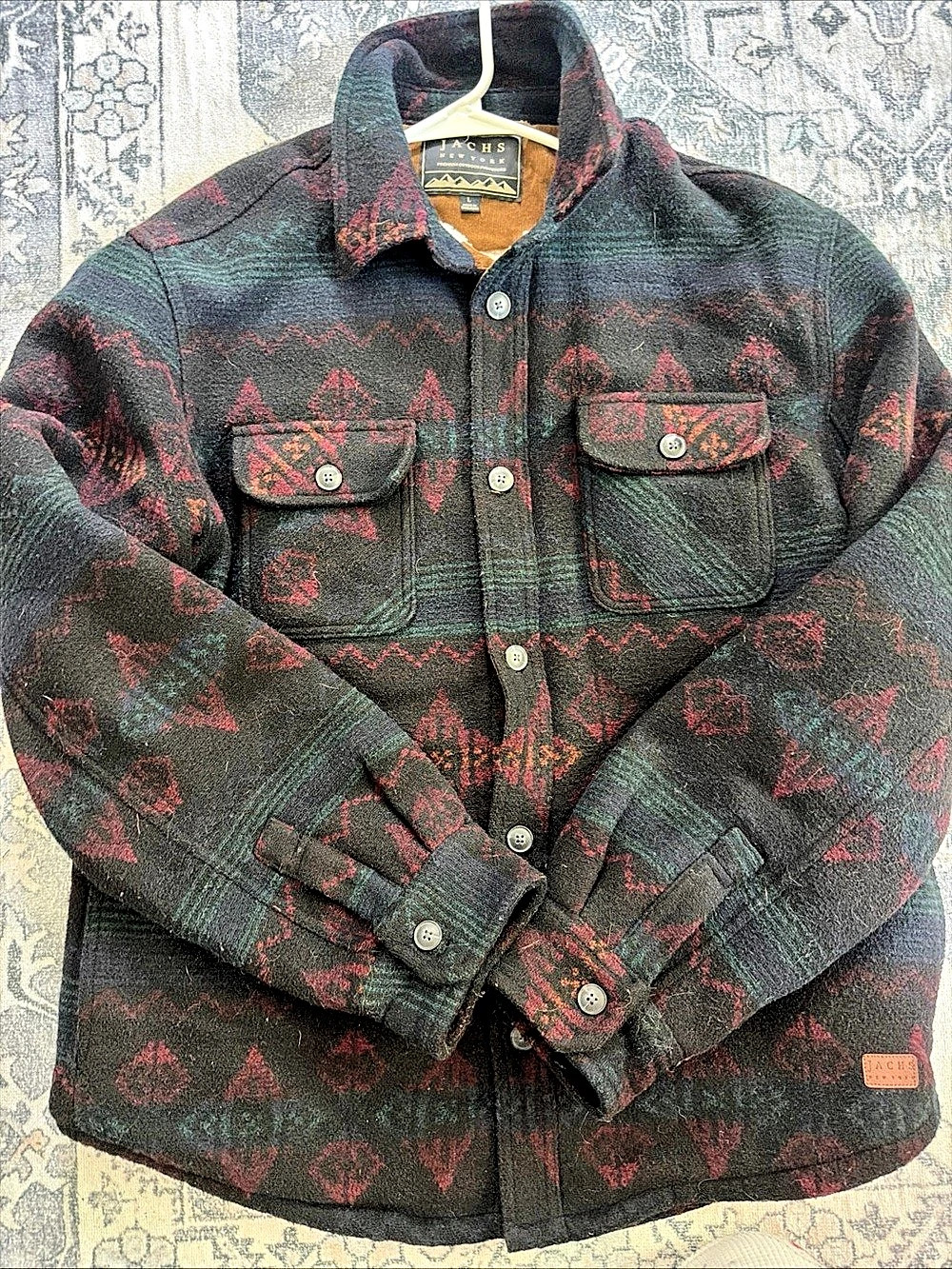 Jachs Men's Wool Blend Sherpa Lined Flannel Shirt Jacket Black Burgandy Large